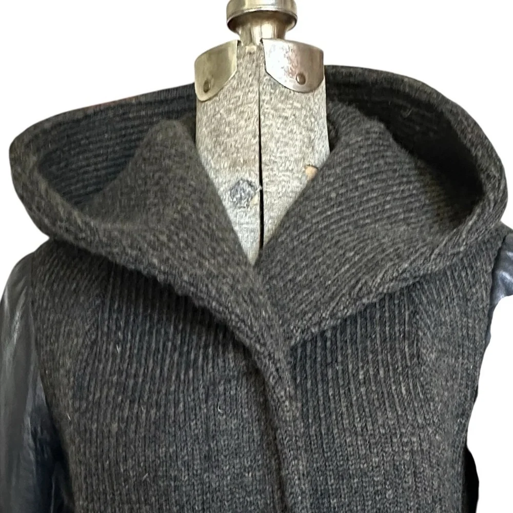 SOIA & KYO MIXED MATERIAL LEATHER AND WOOL HOODED JACKET SIZE SMALL